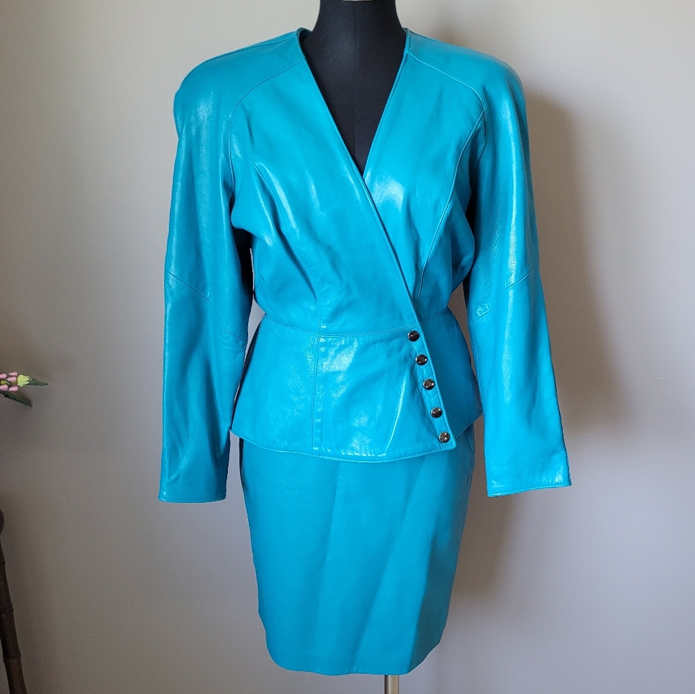 1980s teal blue leather jacket and pencil skirt, 3 piece suit set